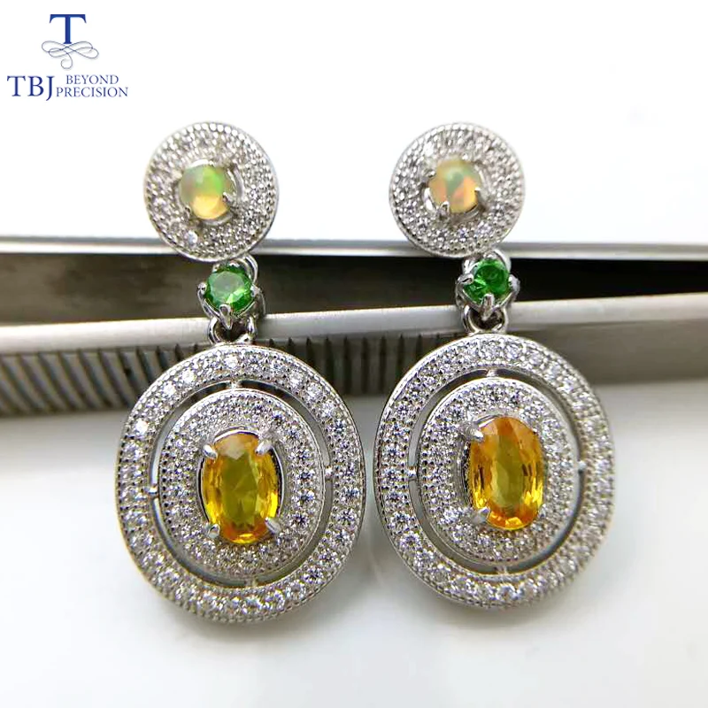 

TBJ,Natural Precious gemstone Earring with fancy color gemstone,Opal Tsavorite and Facny color sapphire earring with gift box