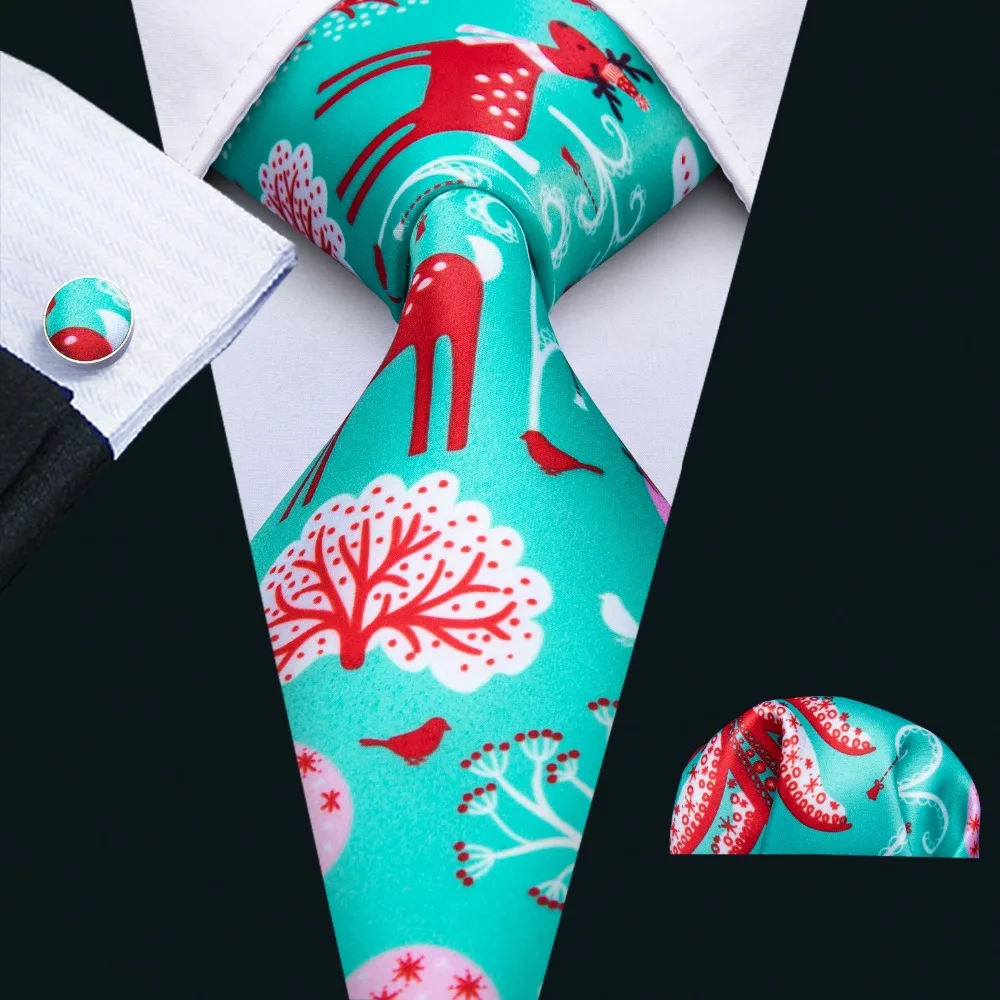 

Snow Pattern Men Tie Pocket Square Set Barry.Wang Green Print Christmas Tie For Men Gift Party Silk Neck Tie FA-5103