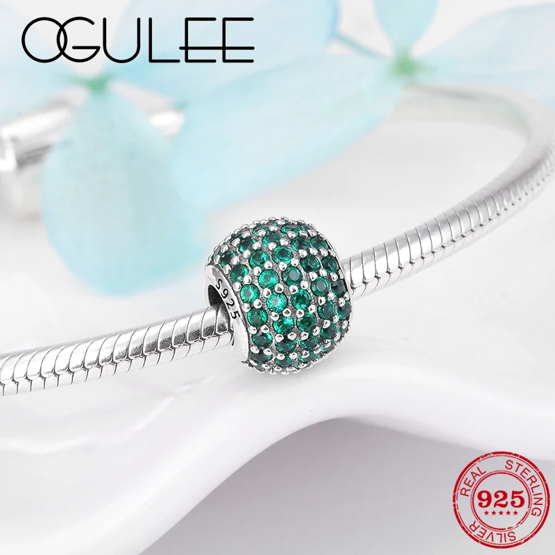 100% 925 Sterling Silver Inlaid Green Zirconia Fine Charm Beads DIY Fit Original European Style Bracelet Necklace Jewelry Making | Украшения