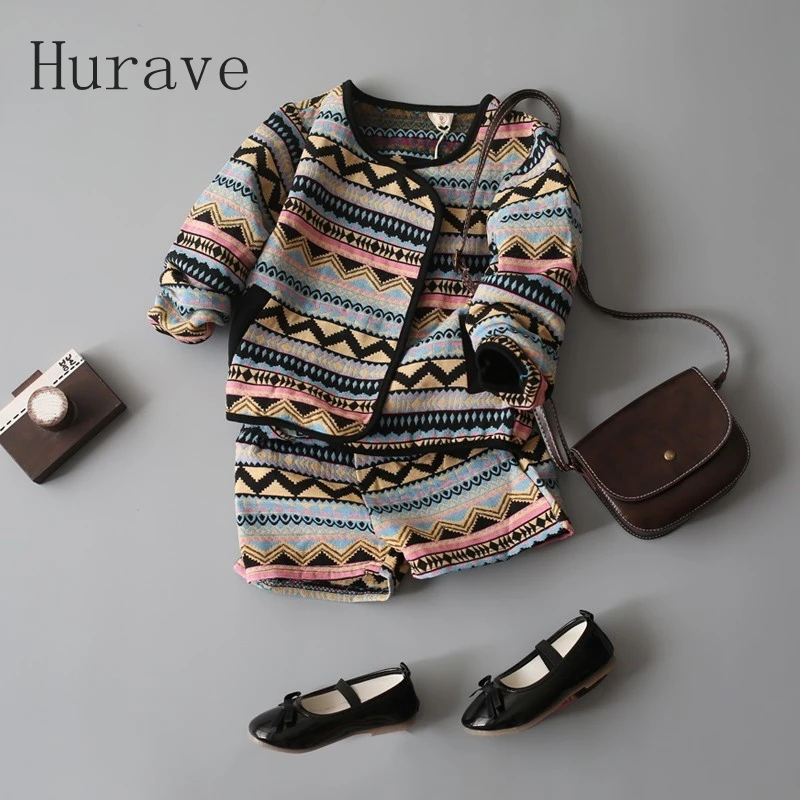 Hurave girls kids clothes patchwork print girls clothing sets Cardigan Sweatshirts Shorts pants girls clothes Fashion