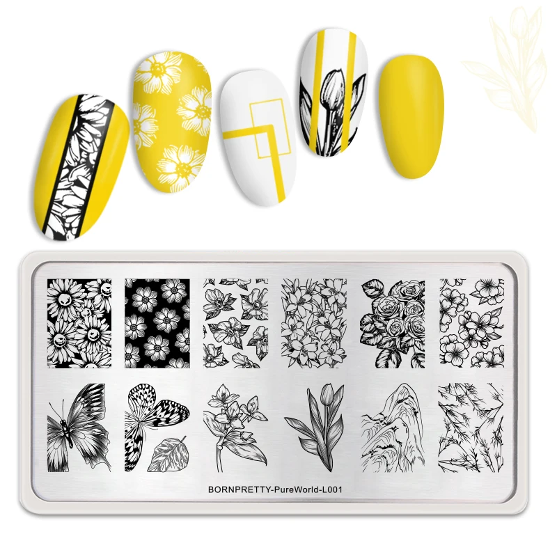 BORN PRETTY Rectangle Nail Stamping Plates Flower Butterfly Image Stamp Art Design Tools Stainless Steel Pure World L001 | Красота и