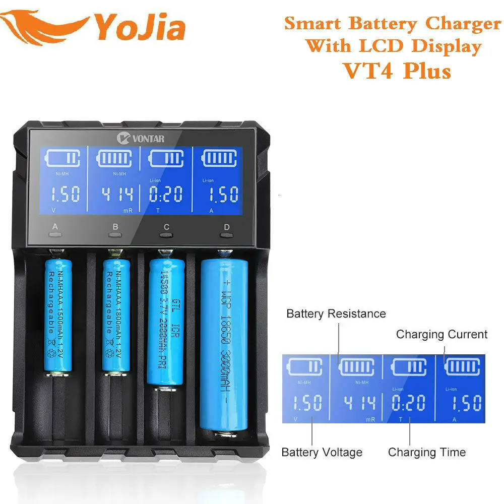 

Yojia Smart USB Battery Charger VT4 VT2 PLUS for Li-ion Ni-MH Ni-Cd AAA 1.2V 3.7V 14500/18350/18650/22650 Rechargeable battery