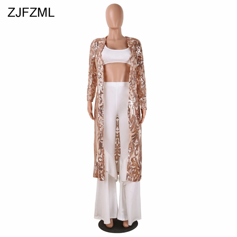 remarkable  ZJFZML Women Elegant Sequined Jacket Sexy Mesh See Through Long Coat Spring Autumn Full Sleeve Maxi
