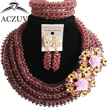 

ACZUV Dark Purple Crystal Beaded Nigerian Wedding Beads African Jewellery Sets for Women B3R012