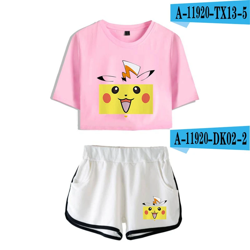

Pikachu Crop Top Set Anime Pokemon 2019 New Movie Short Two Piece Set Pink Streetwear Womens Fashion Top And Shorts Set Cropped