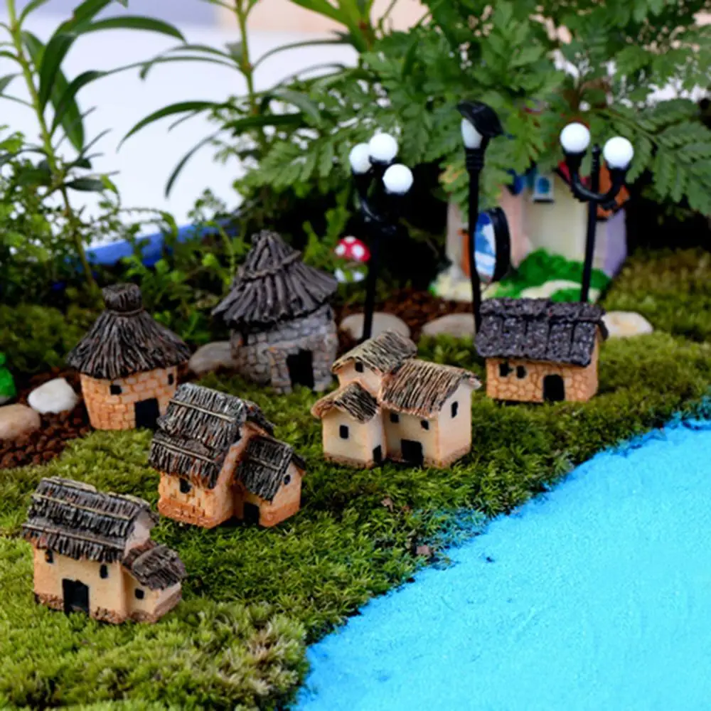 

8 Designs Mini Resin Cottages Miniature Village Houses Landscaping Fairy Garden Bonsai Pot Decorative Figurines