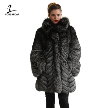 

FURSARCAR Women Natural Real Silver Fur Winter Coat 2019 New Fashion Luxury Female Thick Genuine Silver Fox Fur Jacket With Hood