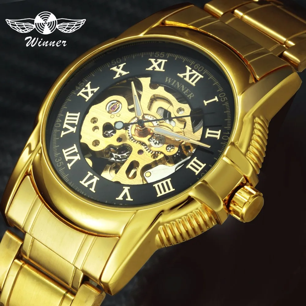 

WINNER Mens Watches Top Brand Luxury Auto Mechanical Watch Men Stainless Strap Skeleton Dial Roman Numerals Fashion Wristwatch