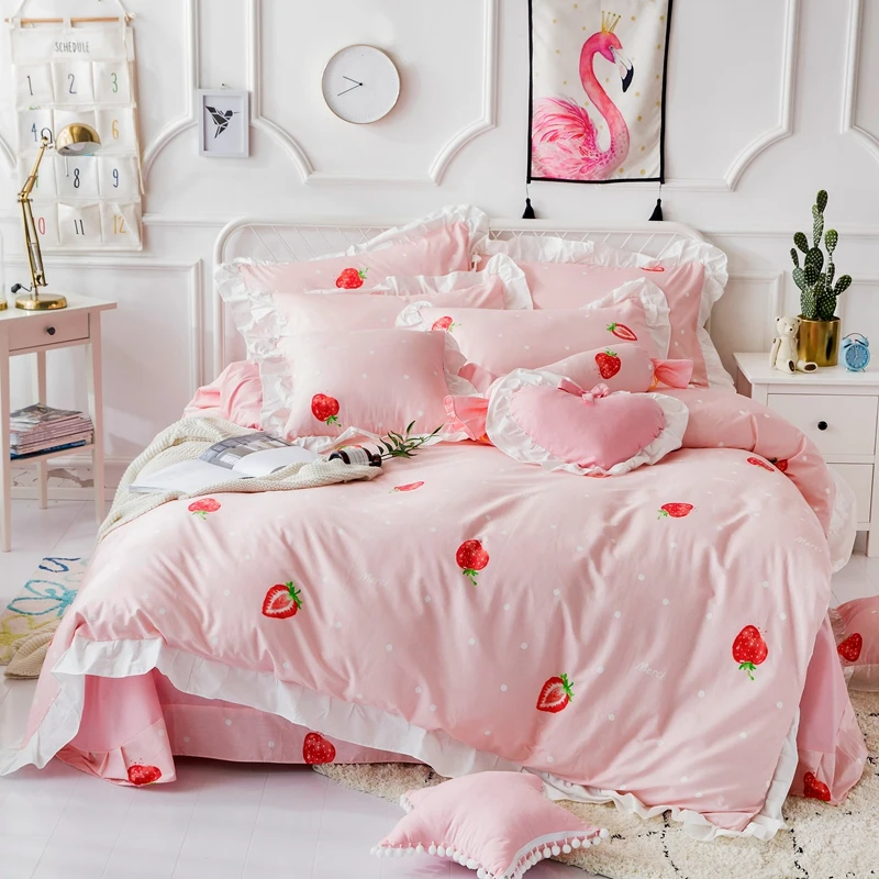 Korean style Strawberry Pattern Bedding Set princess Bed Sheet Duvet
