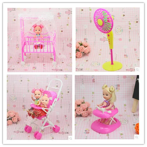 

Free Shipping,doll furniture Baby bed + Trolley + Walker + fanner 4 set doll accessories for Barbie Doll,girl play house