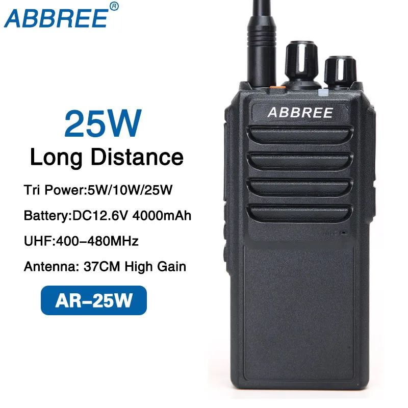 

ABBREE AR-25W Output Power 25W 10W 5W UHF 400-480MHz 10Km Range Walkie Talkie With 37CM High Gain Antenna and 4000mAh Battery