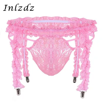 

Mens Sissy Crossdresser Panties Lingerie 4 Frilly Straps Heart Clips Garter Belt with Bikini G-string Briefs Sissy Gay Underwear
