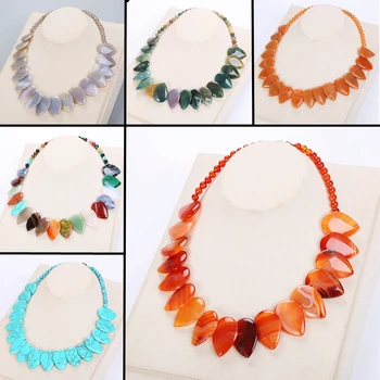 

50cm Leaf Pendant Necklace Ethnic Women Choker Natural Stone Jewelry Gemstone Female Fashion Accessories Vintage Male Bohemian