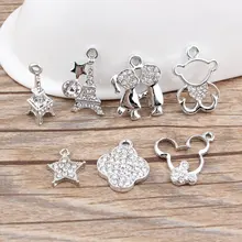 10 Unids Fashion Silver Tone Aleación de Cristal Colgantes Del Encanto Del Rhinestone Tower 3D ANimal Oso Estrellas Bling colgantes Cupieron La Pulsera