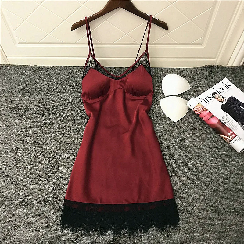 

MECHCITIZ 2019 Night Dress Ladies Silk Sleepwear Women Sexy Lace Pad Lingerie Nightwear Underwear Nightgown Dress lingerie femme