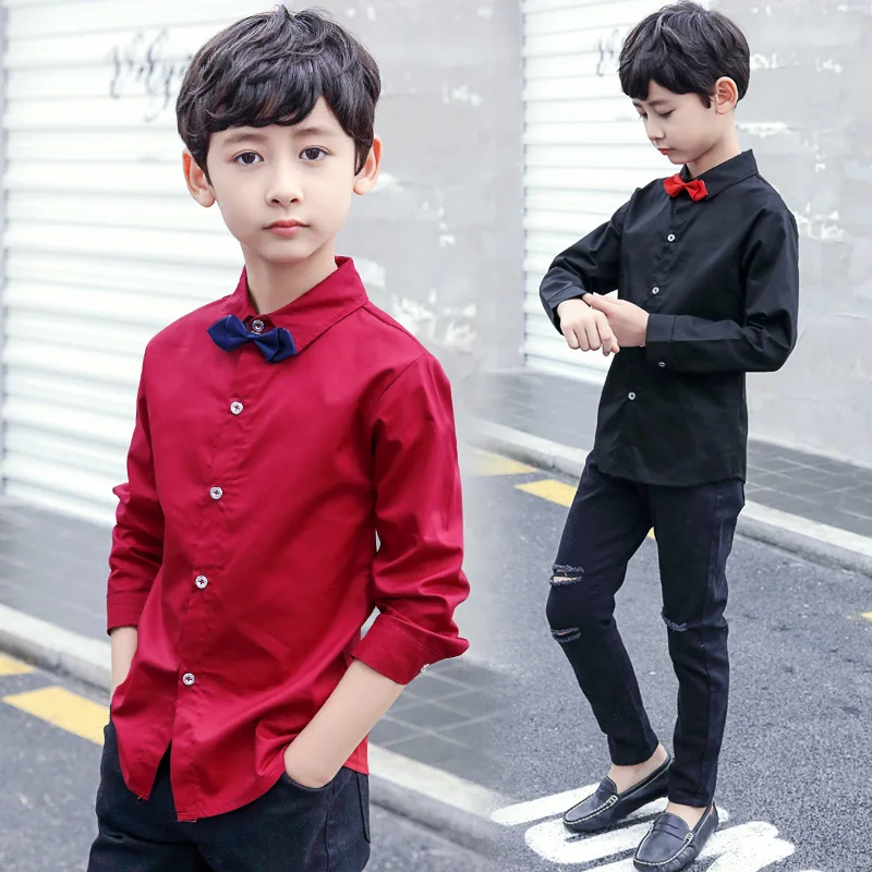 

2019 Children's Tops Summer Autumn Long Sleeve Cotton Kids Shirts Black White Patchwork Boys Shirts For Children School Uniform
