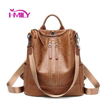 

HMILY Large Capacity Women Bag Fashion Zipper Shoulder Bags High Quality Leather Women Backpack Casual Traveling Backpack