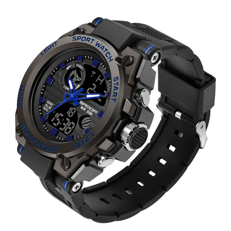 SANDA Men's Watches Black Sports Watch LED Digital 3ATM Waterproof Military Watches S Shock Male Clock relogios masculino 