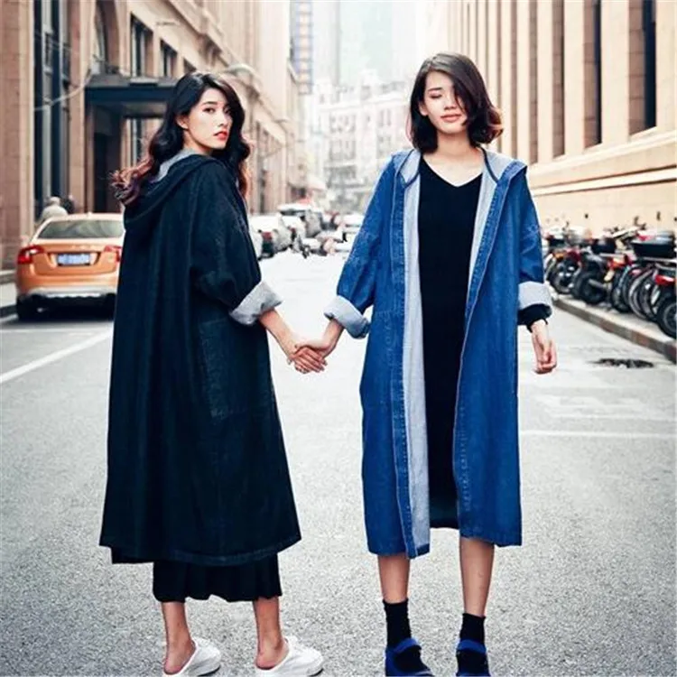 SWYIVY Woman Coat Long Denim Cotton Outwear Blue 2018 Auutmn Female Quality Hooded Denim Jacket Loose Female Trench BF Stlye