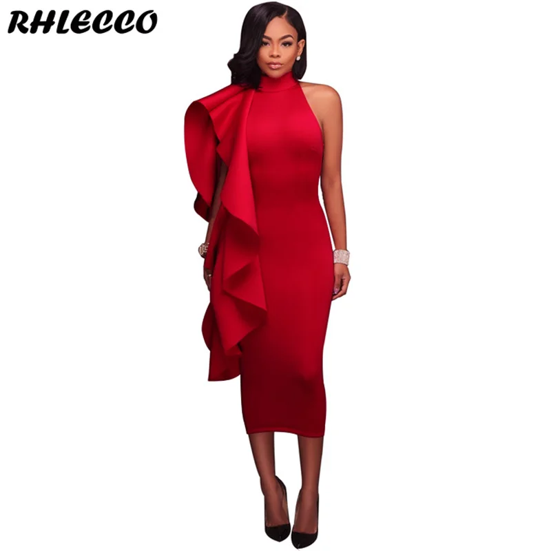

2018 Autumn Long Slim Sexy Women Dress Red Elegant Evening Blue Sleeveless Ruffle Black Bodycon Ladies Party Winter Midi Dresses