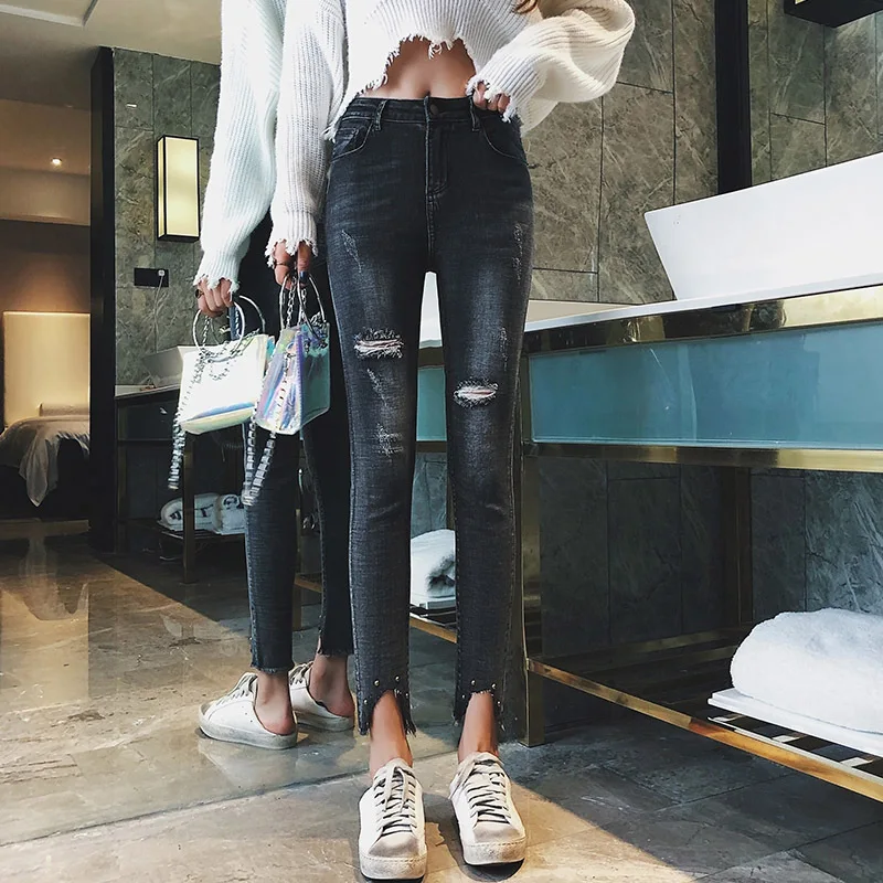 

Free Shipping 2019 Women's Jeans Net red elastic feet pants tight skinny pencil pants hole Ankle-Length pants