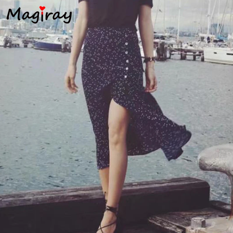 

Magiray Harajuku Dot Print Split Side Midi Skirt Women 2019 Summer Sexy Button A-Line Wrap Sash Belt Beach High Waist Skirt C283