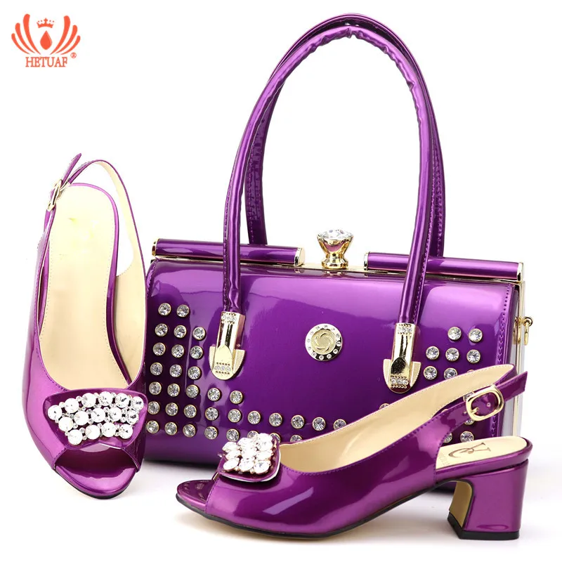 

New Arrival Purple Women Matching Shoes and Handbag Set Decorated with Rhinestone High Heel Shoes Nigerian Women Wedding Shoes