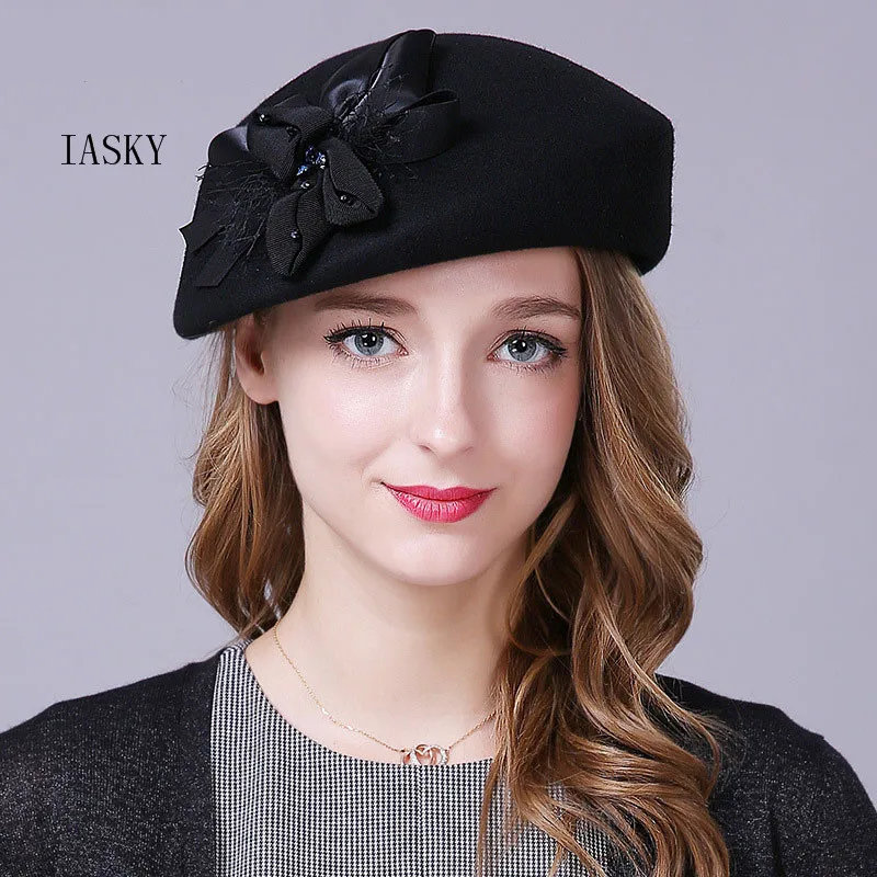 Brand Australian Wool Women Beret Hat 2018 Pillbox Bow Flower Fedora