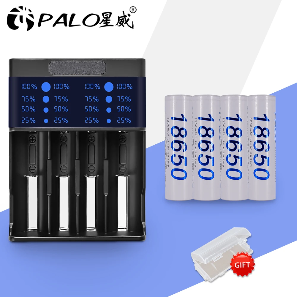 

Palo 2Pcs/4Pcs 18650 3.7v li-ion 3200mAh Rechargeable Batteries + Smart Led Charger for AA AAA 18650 14500 16350 Led Flashlight