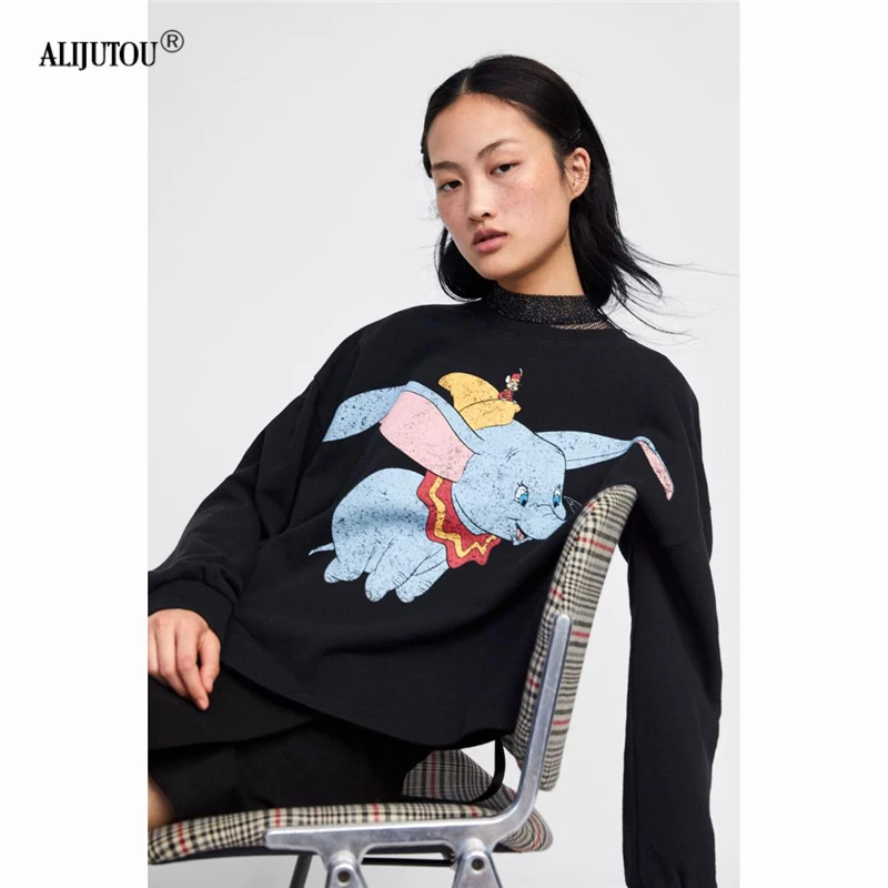 zaraing Dumbo hoodies women 2019 Spring print Cartoon Animal Casual Sweatshirts Women O Neck Long Sleeve Streetwear Sweat Female