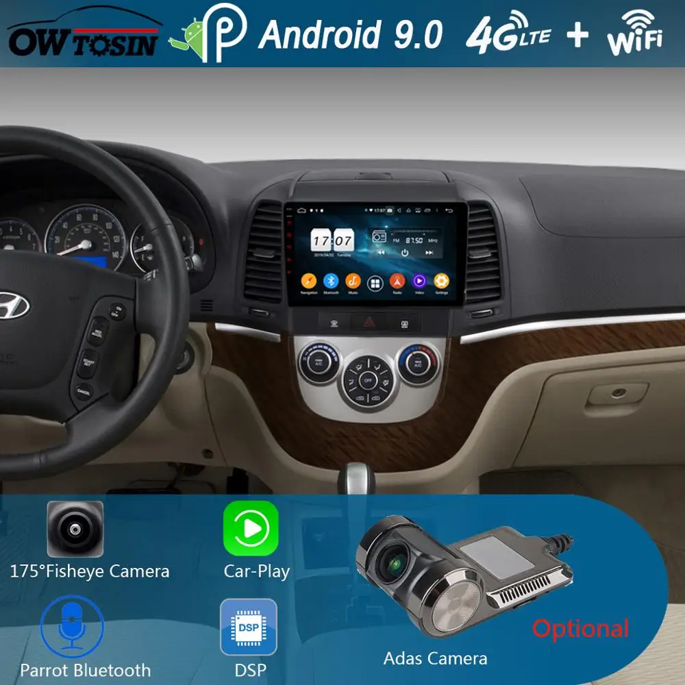 Sale 9" IPS 8 Core 4G+64G Android 9.0 Car DVD Radio Multimedia GPS Navi For Hyundai Santa Fe 3 4 Hole 2006-2012 DSP CarPlay Parrot BT 1