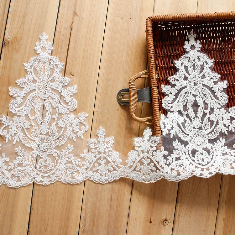 

New Palace design high end elegant cotton lace ivory embroidered tulle mesh lace trimming Scallop flowers lace trim for wedding