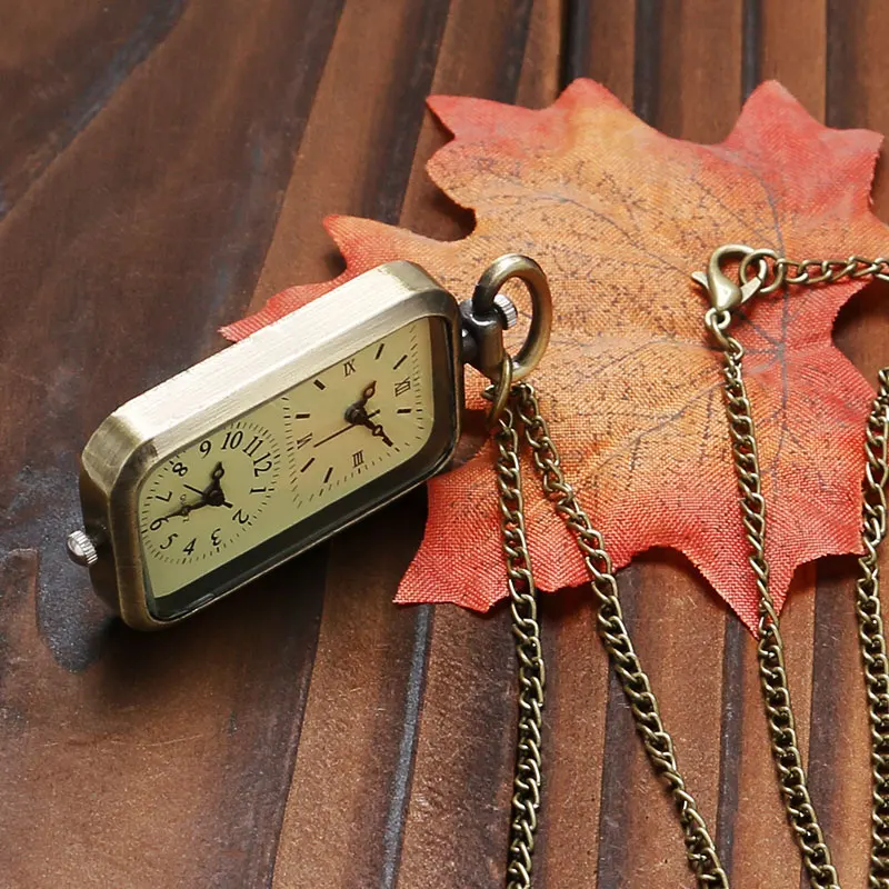Antique Vintage Bronze Quartz Pocket Watch Dual Double Time Zone Movement Necklace Men Women P11 