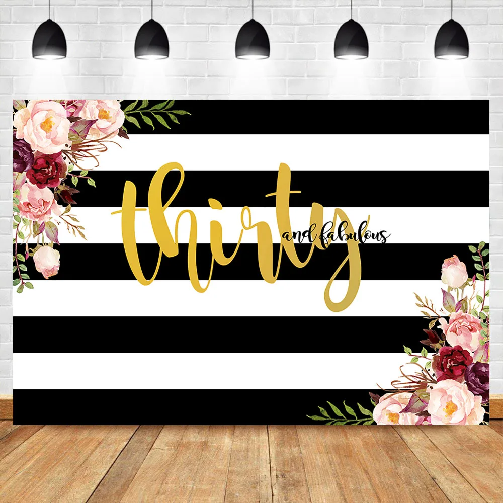 

Thirty Birthday Photography Backdrops 30th Birthday Party Black White Stripe Background Custom Name Backdrops