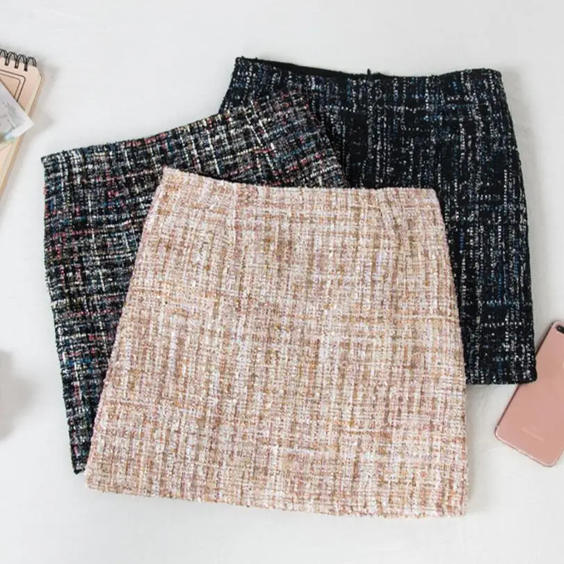 

new high waist Slim mini pencil women plaid tweed skirt