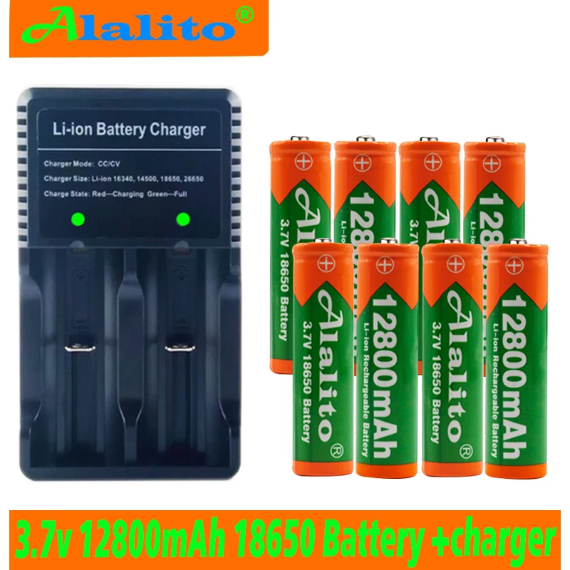 

Alalito 18650 Battery 3.7V 12800mAh Rechargeable Lithium Ion Battery For Toy LED Flashlight Flash Power Tools+USB Charger
