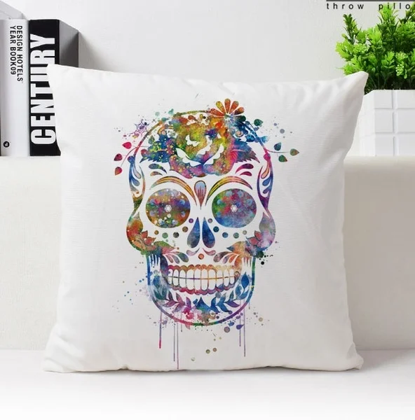 Sugar Skull Throw Pillow Cover Sugar Skull Cushion Cover Watercolor Skull Velvet Plush Pillowcase Signle Side Printed
