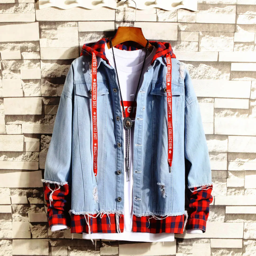 Spring New Hooded Denim Jacket Men Fashion Fake Two Pieces Of Streetwear Bomber Jacket and Coat Man Cowboy Clothes Male S-3XL