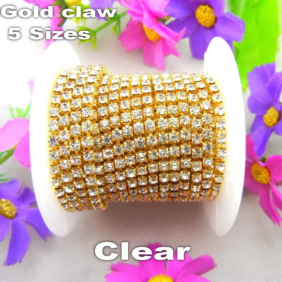 

Factory sale High Density 5yards/Roll clear crystal Rhinestone Gold base claw close cup Chain Sew On glue on diy trim trimming
