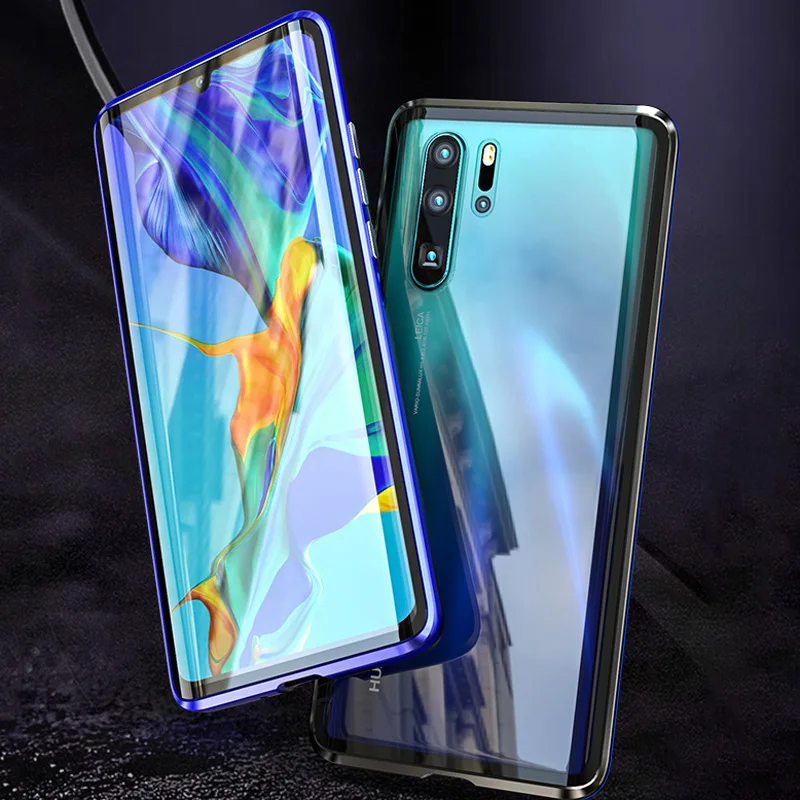 Bitingly 360 Degree Coverage Case for Huawei P30 Pro Front+Back Glass Cover for Huawei P30 Lite Aluminum Metal Magnet Phone Case