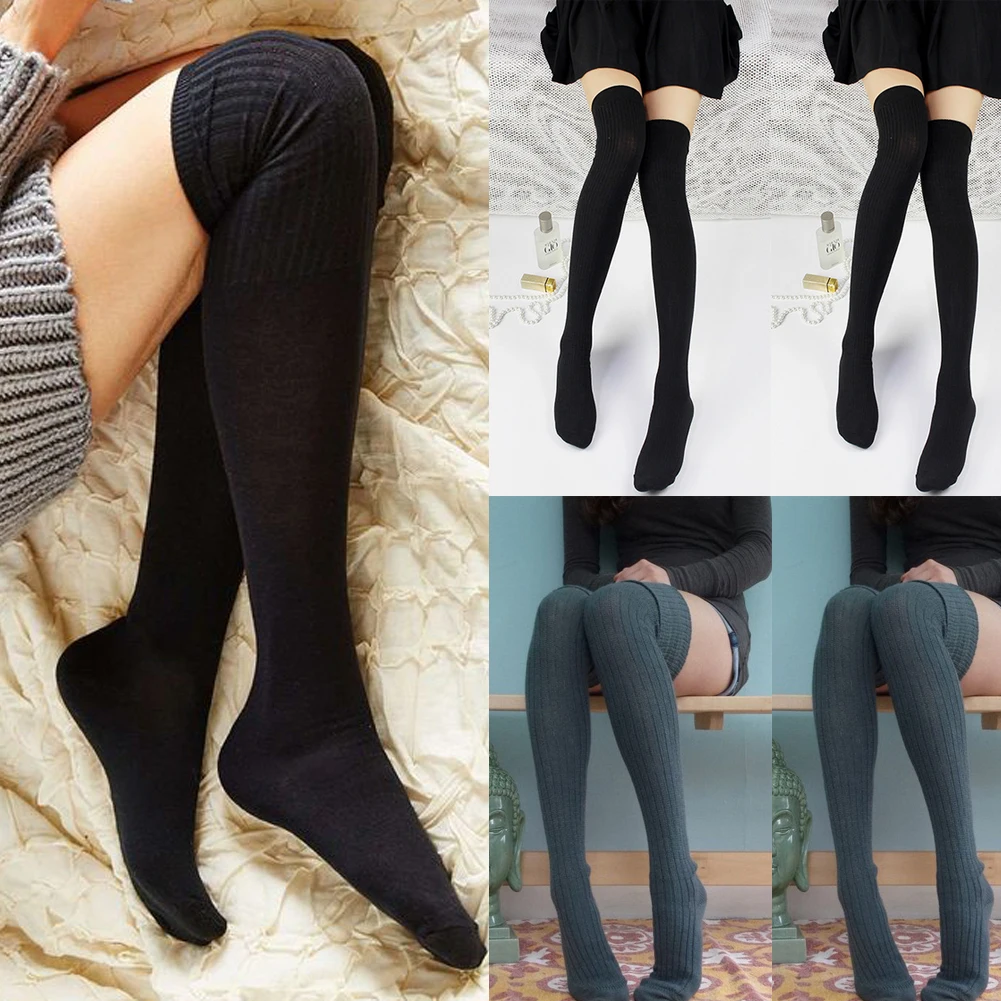 Брендовые новые модные популярные женские теплые вязаные зимние теплые чулки выше колена длинные хлопковые однотонные