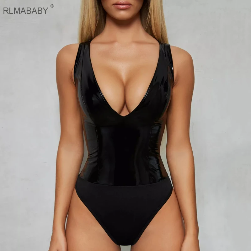 

RLMABABY PU Leather Patchwork Bodysuit Women V Neck Backless Sleeveless Bodycon Sexy Jumpsuit Club Party Rompers Bodysuit Top