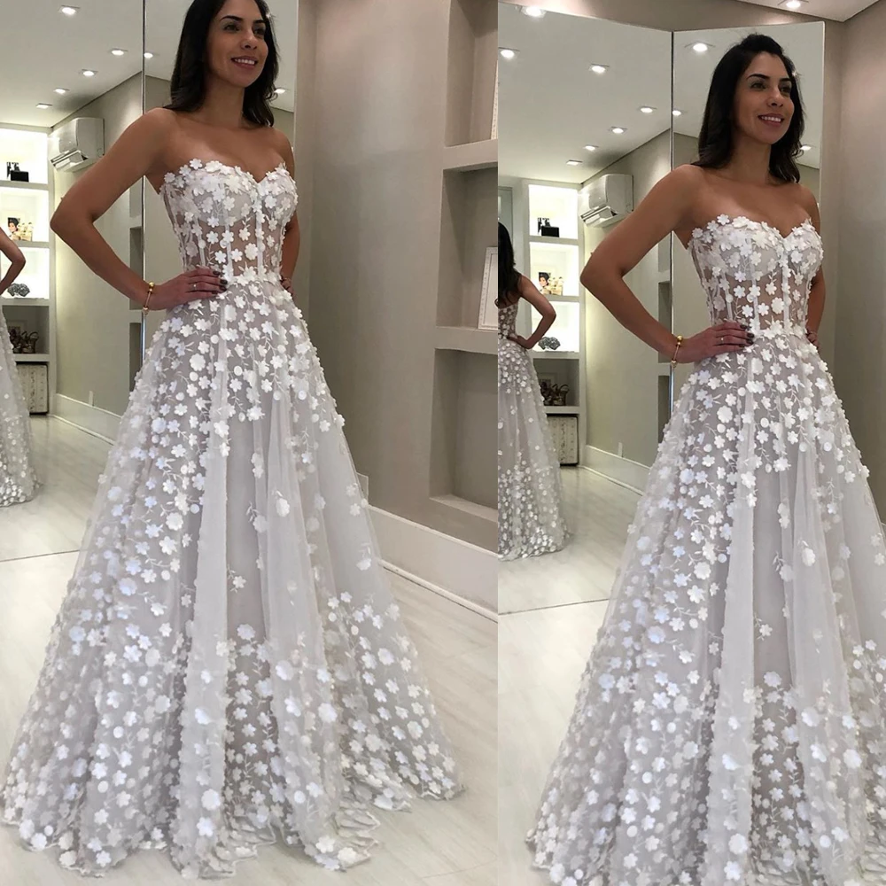 White Prom Dresses 2020 Sweetheart Neckline Flowers 3d Flowers A