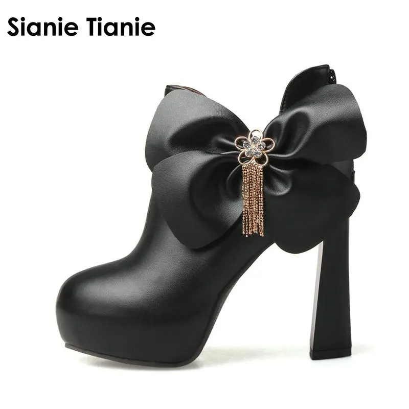 

Sianie Tianie 2018 fashion woman shoes strange heels block high heels platform boots flower red white black ankle boots women