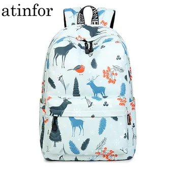 

Cute 15.6 Inch Waterproof Women Backpack Blue Elk Landscape Pattern Printing Lady Large Capacity Latop Rucksack