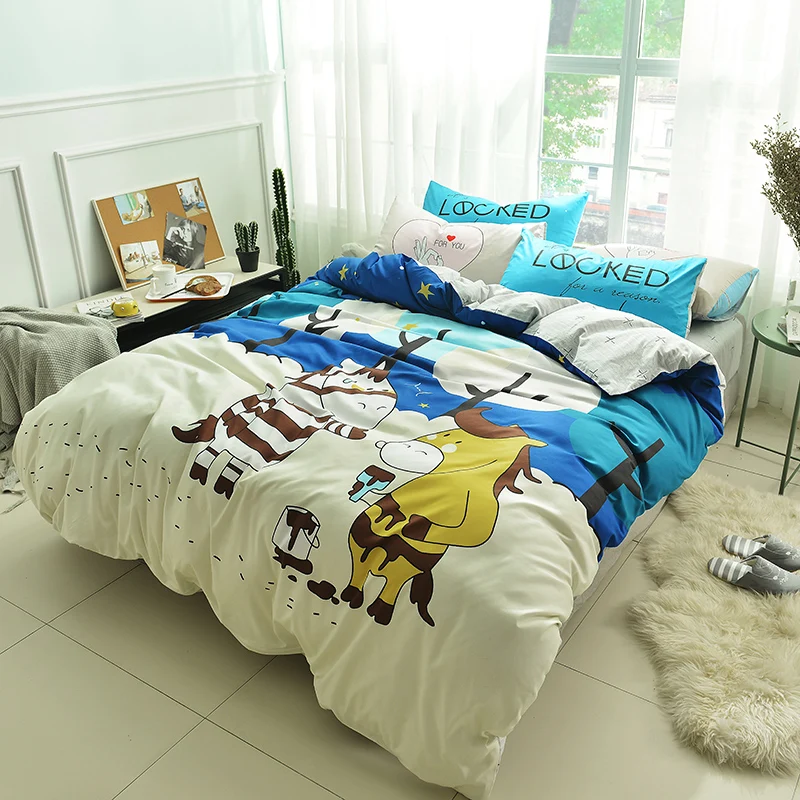 

Pony and zebra print Cartoon style bedding set cotton fabric 3/4pcs Twin Queen Size duvet cover flat sheet pillowcase