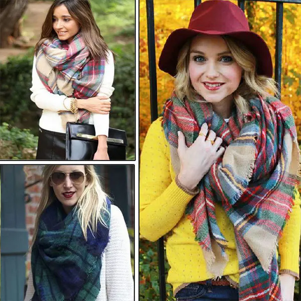 2016 Fashion Plaid Square Scarves Women Autum Winter Tassel Plaid Scarf Large font b Tartan b