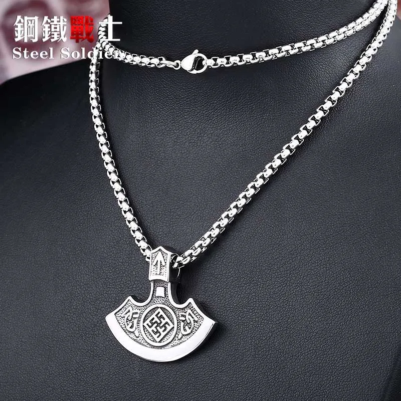 

steel soldier nordic viking necklace axe norse viking pendant stainless steel men rune jewelry