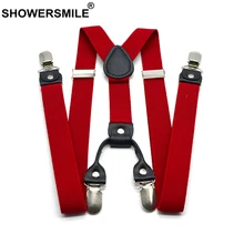 SHOWERSMILE Red Suspenders Men Classic Pants Strap Y Back 120cm Casual Retro Trouser Braces 4 Clips Elastic Male Suspender Belt