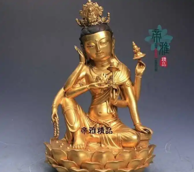 

Tibet Buddhism Pure Copper 24K Gold Gild Six arm Guanyin Kwan-yin Buddha Statue